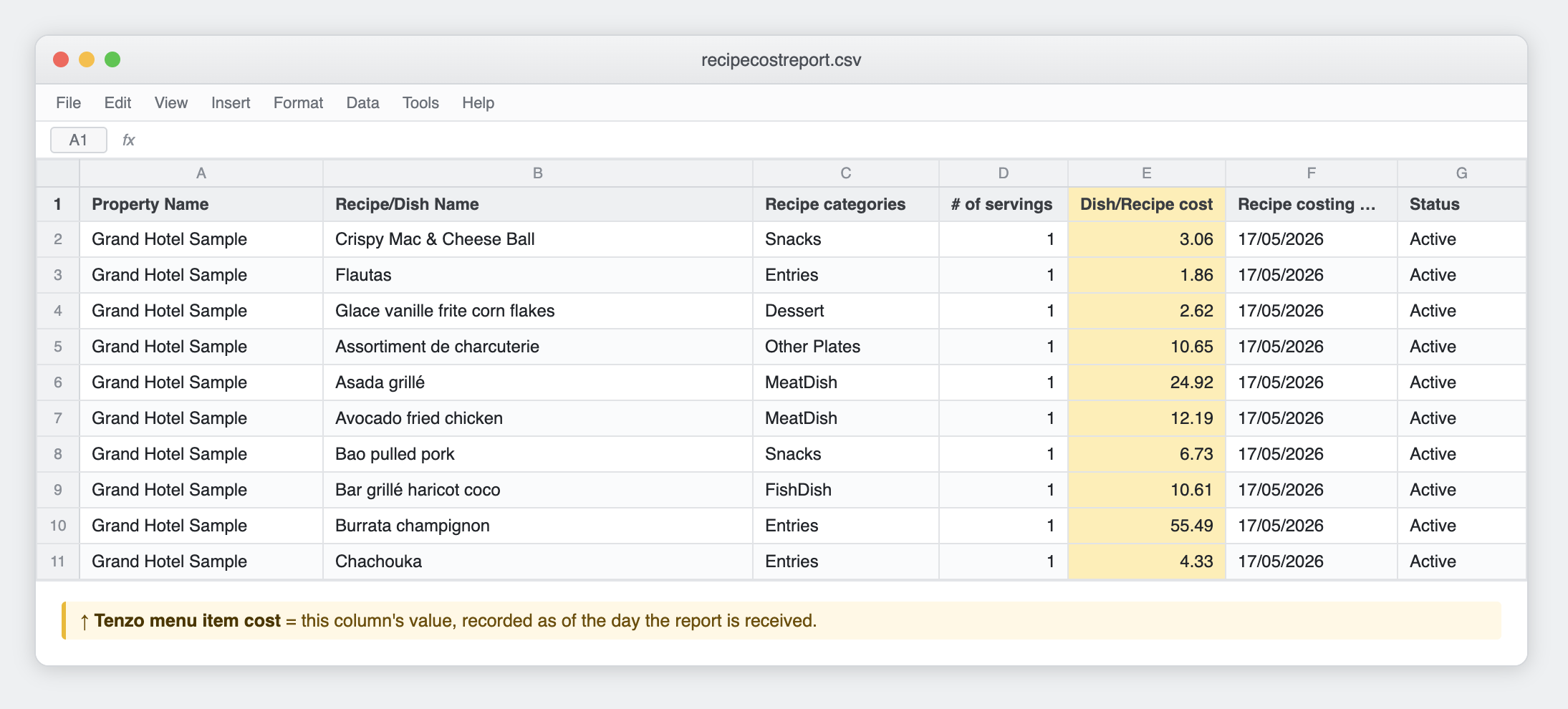 Recipe Cost report with the Dish/Recipe cost column highlighted
