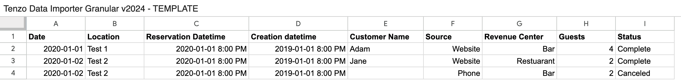 The Reservations tab of the Tenzo Data Importer template